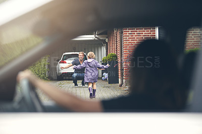 Buy stock photo Man, daughter and running outdoor for hug with happiness or excited in driveway for weekend visit. Family, father and girl kid with care, relationship and bonding at home, house or apartment or smile