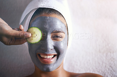 Buy stock photo Woman, spa and cucumber mask portrait for product,  skincare and cosmetic treatment for break or peace. Young person and natural for holistic therapy for facial, clean and hygiene for wellness
