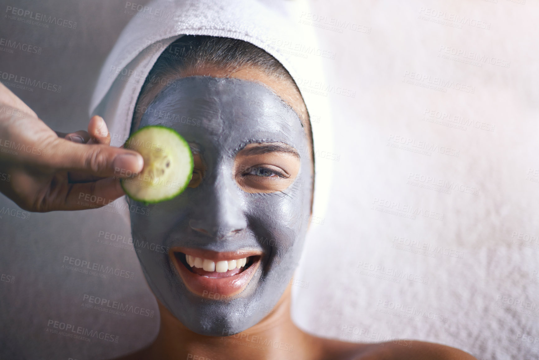 Buy stock photo Woman, spa and cucumber mask portrait for product,  skincare and cosmetic treatment for break or peace. Young person and natural for holistic therapy for facial, clean and hygiene for wellness