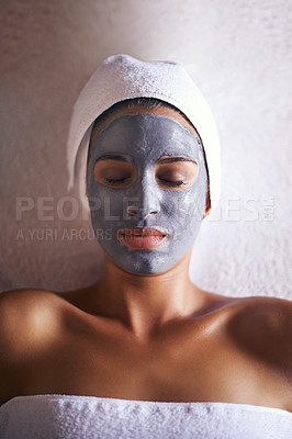 Buy stock photo Woman, top view with face mask and beauty with skincare, charcoal for treatment and dermatology at day spa. Peace, calm and detox for skin, healthy with wellness and cosmetics for facial ad self care