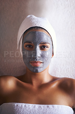 Buy stock photo Woman, top view with face mask and beauty in portrait for skincare, charcoal for treatment and dermatology at day spa. Peace, calm and detox for skin, healthy with wellness and cosmetics for facial