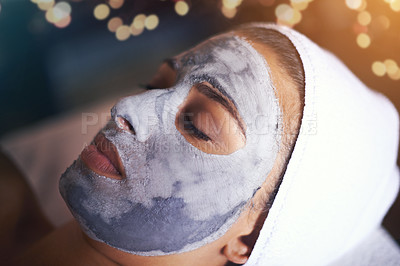 Buy stock photo Woman, closeup with face mask and beauty for skincare, charcoal or clay for treatment and dermatology at day spa. Detox for skin, healthy and wellness with cosmetics, calm and self care with facial