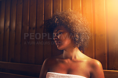 Buy stock photo Black woman, sauna and detox treatment at spa, healing and self care with wellness and zen. Relax, calm and peace on pamper day with heat or warm bodycare, skincare and health with stress relief