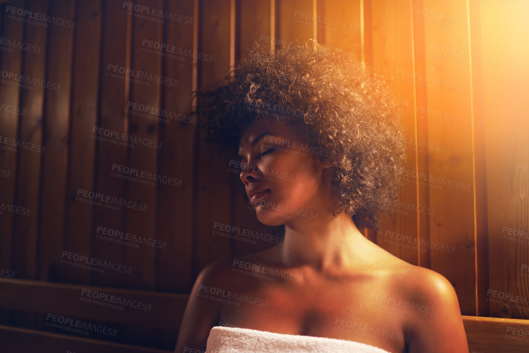 Buy stock photo Black woman, sauna and detox treatment at spa, healing and self care with wellness and zen. Relax, calm and peace on pamper day with heat or warm bodycare, skincare and health with stress relief