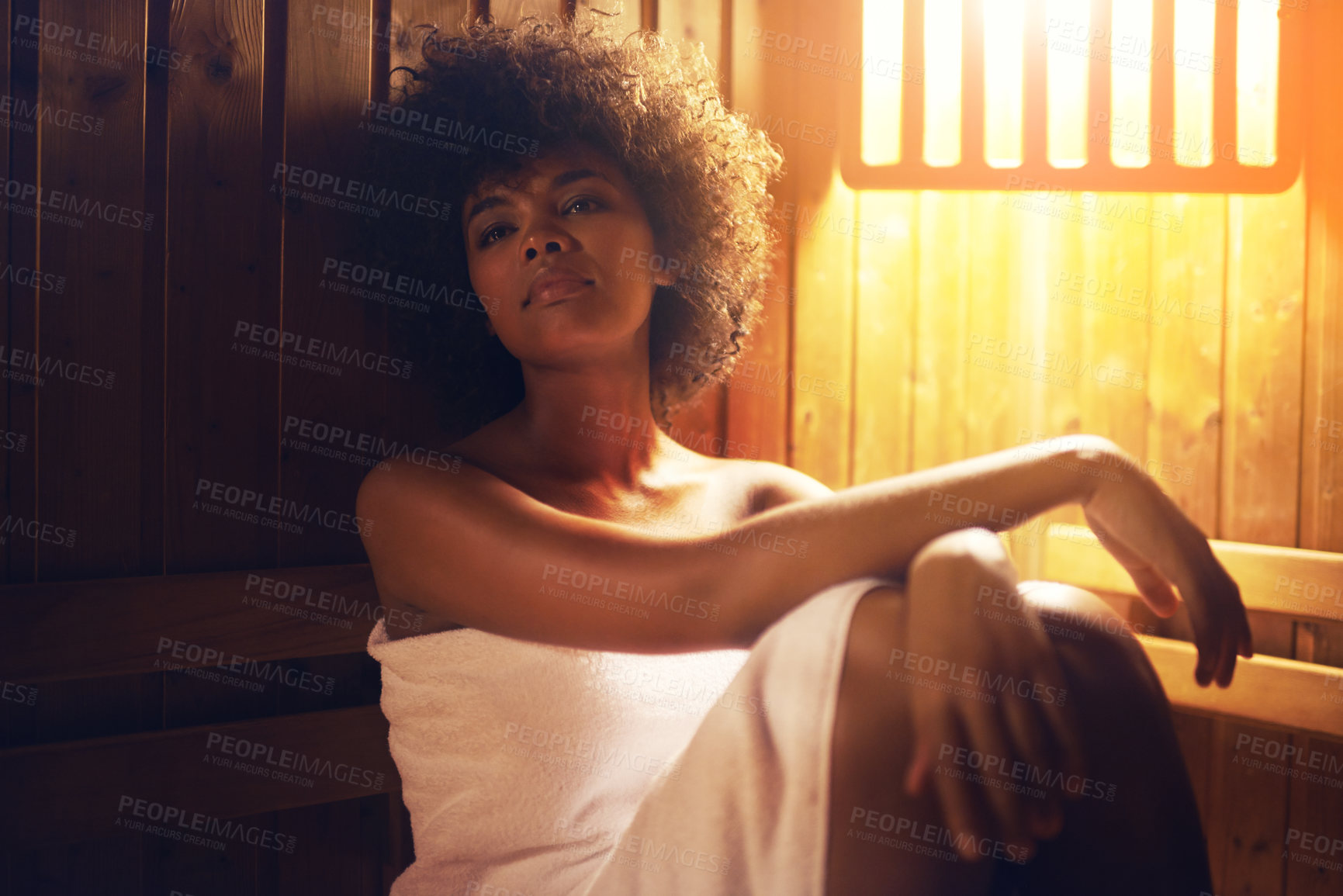 Buy stock photo Black woman, portrait in sauna and detox at spa for healing, self care with wellness and zen. Relax, calm and peace on pamper day with heat or warm body treatment, skincare and stress relief