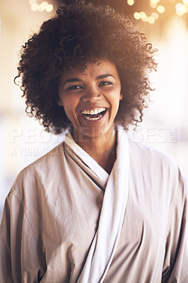 Buy stock photo Spa, woman and portrait with laugh in a bathrobe for wellness, cosmetics and beauty treatment. Health, skincare and resort with an African female person ready for dermatology at a hotel with a smile