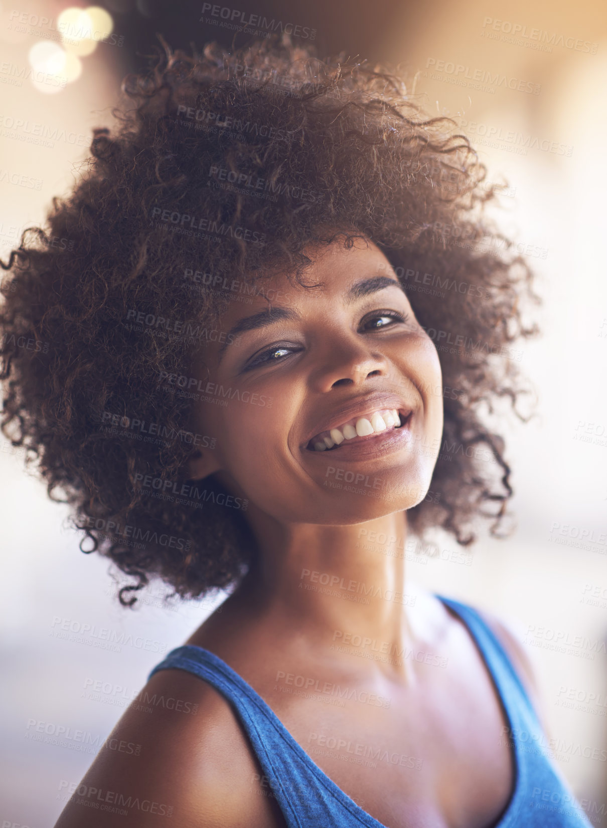 Buy stock photo Woman, portrait and happiness in fashion with bokeh, natural beauty and casual outfit in summer. African person, face and smile with afro hairstyle, wellness or trendy style with lens flare in Africa