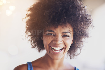 Buy stock photo Woman, portrait and laugh in home for humor, comedy and comic or satisfaction in living room. Happy female person, comfortable and smile for funny joke, confidence and enjoyment in Brazil on weekend