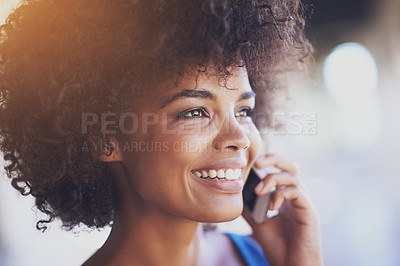 Buy stock photo Woman, phone call and app for networking outdoors, internet and online for communication in city. Female person, happy and internet for contact, connection and conversation on weekend trip to Brazil