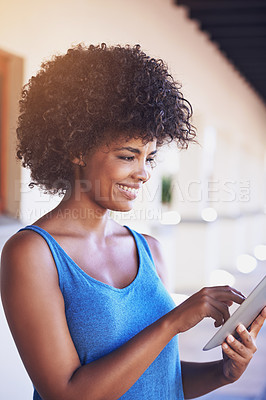 Buy stock photo Woman, tablet and search outdoors on internet, smile and browse social media or app for communication. Female person, networking and student for e learning, education and university website to learn