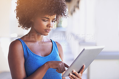 Buy stock photo Woman, tablet and student outdoors on internet, info and browse social media or app for communication. Female person, networking and online for e learning, education and university website to learn