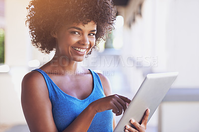 Buy stock photo Woman, tablet and portrait outdoor on internet, smile and browse social media or app for communication. Female person, networking and student for elearning, education and university website in Brazil