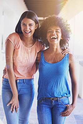 Buy stock photo Shot of two girlfriends hanging out together