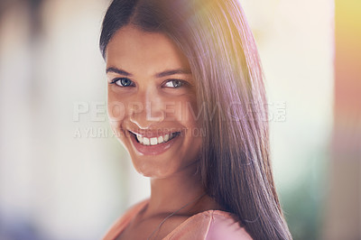 Buy stock photo Campus, portrait or happy woman at beauty school for learning, study or development. Education, face or gen z female cosmetology student outdoor university for upskill, course or business training
