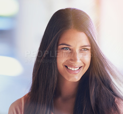 Buy stock photo Hair, smile and woman in a city for beauty, cosmetics or salon treatment, shine or treatment. Happy, face and female client outdoor with haircare, shampoo or keratin, growth or texture satisfaction