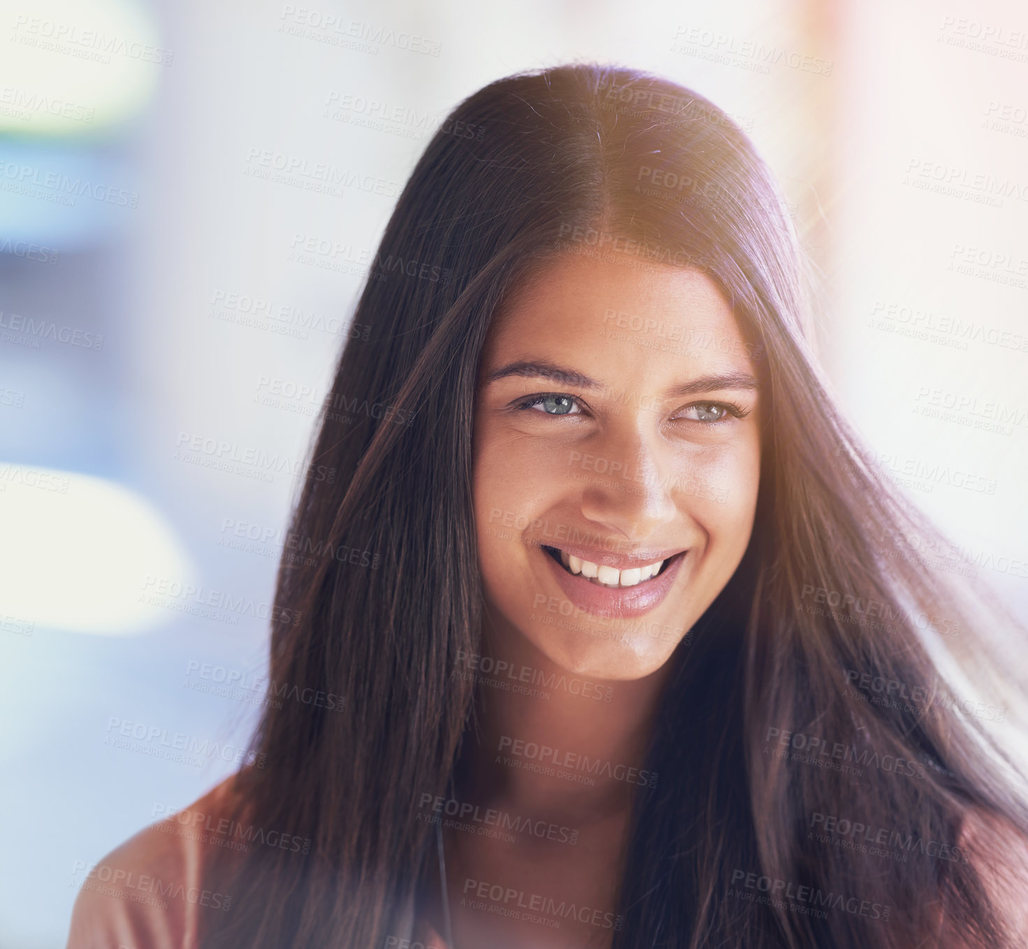 Buy stock photo Hair, smile and woman in a city for beauty, cosmetics or salon treatment, shine or treatment. Happy, face and female client outdoor with haircare, shampoo or keratin, growth or texture satisfaction