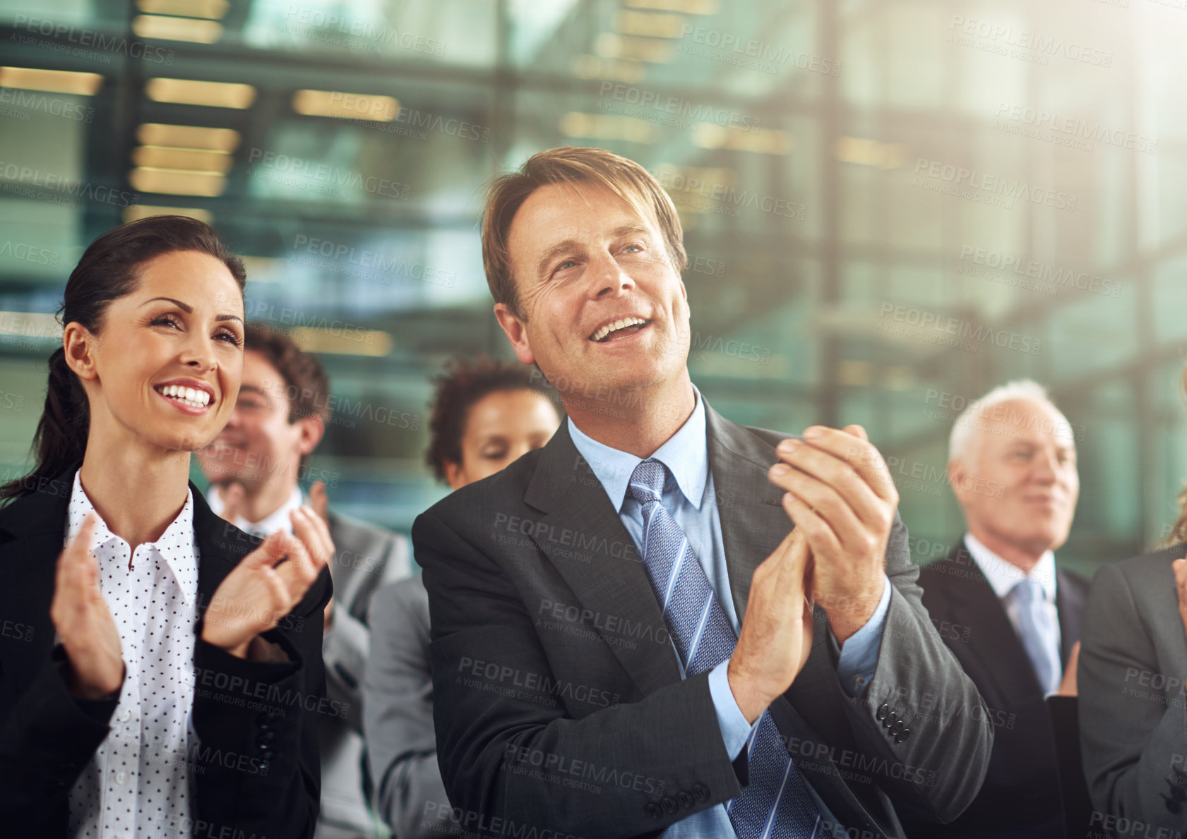 Buy stock photo Conference, business and applause with agreement by office team for support and collaboration. Professional, group and seminar with a smile at presentation for growth and success in a company.