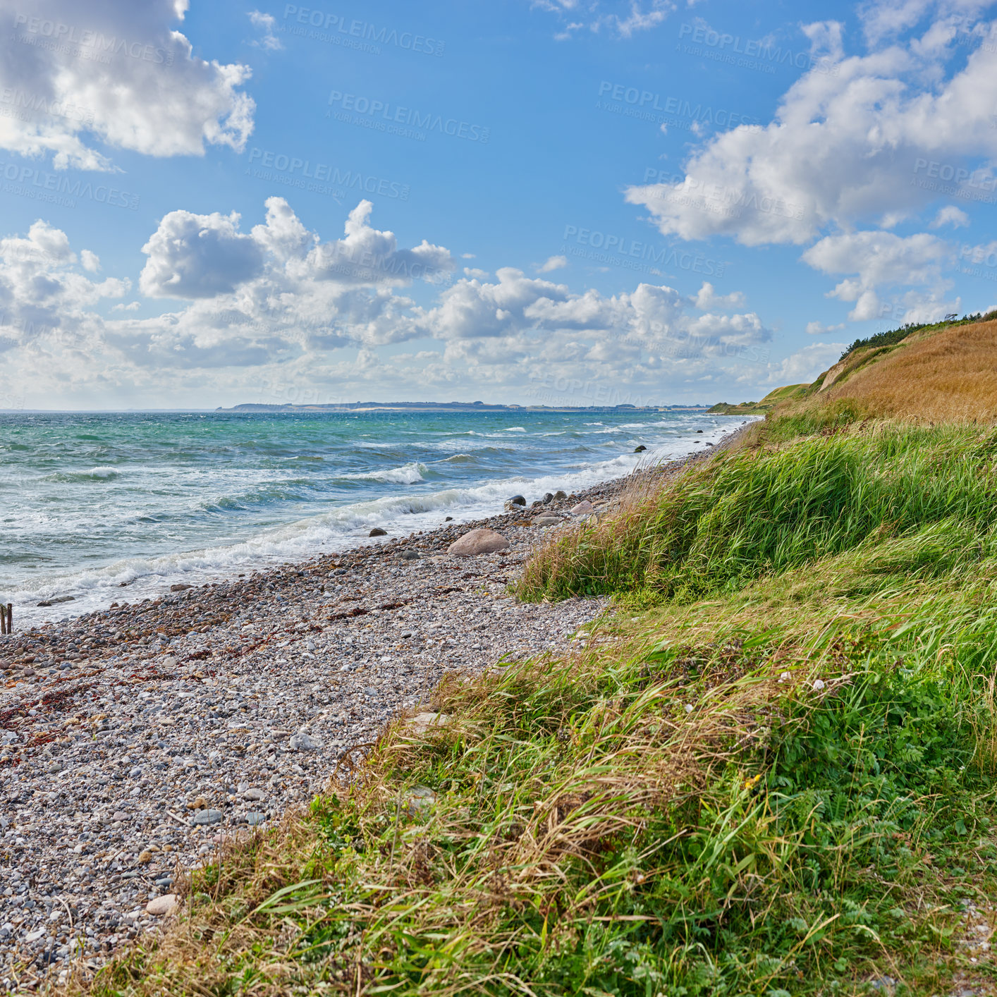 Buy stock photo Ocean, waves and nature beach or outside, coastal geology and shore for sea level observation of human impacts. Tides, sea health and sky background with clouds in winter, plants and lush vegetation