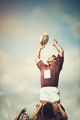 Buy stock photo Rugby, sports and ball and man training on field for athlete, health and stadium practice. Challenge, competition and performance with male person in outdoor pitch for exercise, games and workout