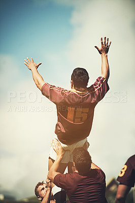 Buy stock photo Rugby player, team and line out jump for competitive sports, tournament or practice on field. Men, athletic and strong outdoor for game training, fitness challenge or playing professional match