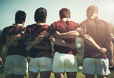 Buy stock photo Rugby team, sports and men together outdoor on a pitch for scrum, hug or huddle. Male athlete group playing in sport competition, game or training match for fitness, workout or teamwork exercise