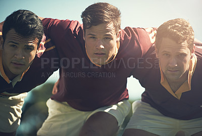 Buy stock photo Rugby team, portrait and sports men together outdoor on a pitch for scrum, hug or teamwork. Male athlete group playing in sport competition, game or training match for fitness, workout or exercise