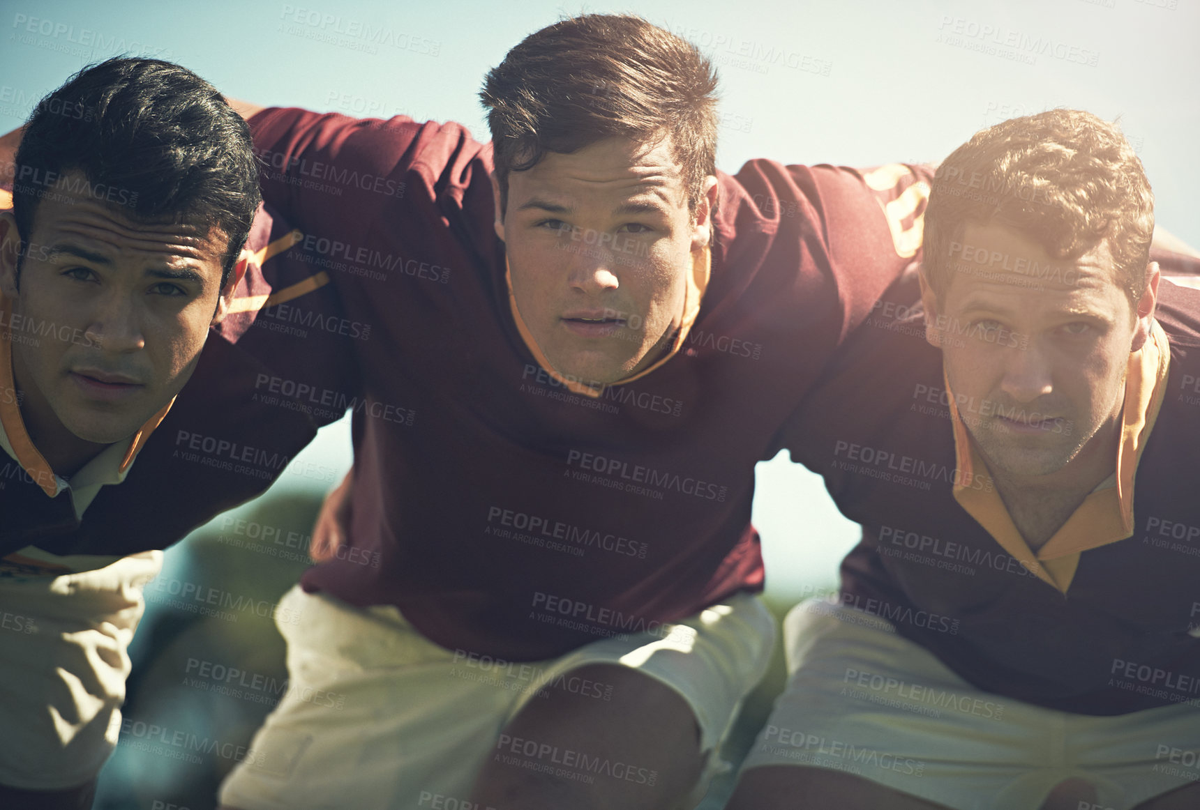 Buy stock photo Rugby team, portrait and sports men together outdoor on a pitch for scrum, hug or teamwork. Male athlete group playing in sport competition, game or training match for fitness, workout or exercise