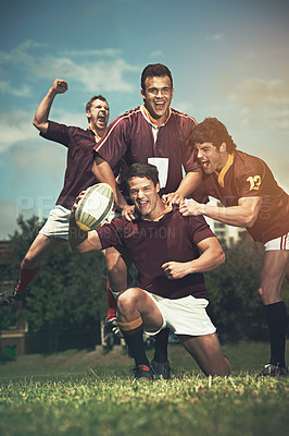 Buy stock photo Rugby, support and teamwork with winner and people on field for celebration, game and challenge. Training, success and achievement with group of men for sports, collaboration and competition
