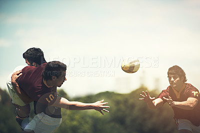 Buy stock photo Rugby game, men and pass during sport practice on a green field outdoors for fitness. Tackle, athlete and male people with teamwork and training professional player with a workout in uniform