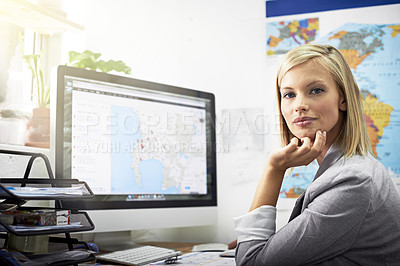 Buy stock photo Computer, travel agent portrait and business woman confident in online service, tourism industry or destination research. Agency job, vacation support or person with pride, confidence and screen map