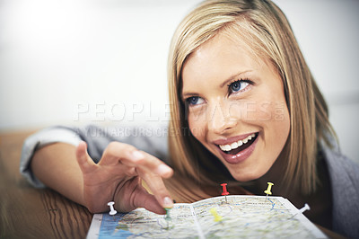 Buy stock photo Map pin, face and happy woman, travel consultant or excited employee planning holiday location. Tourism agent, trip agency service and person smile for transport route plan, guide or vacation choice
