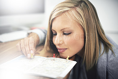 Buy stock photo Travel agent, map pin or face of woman planning sightseeing destination, holiday location or world tour adventure. Satisfaction, tourism agency service or female consultant working on transport route
