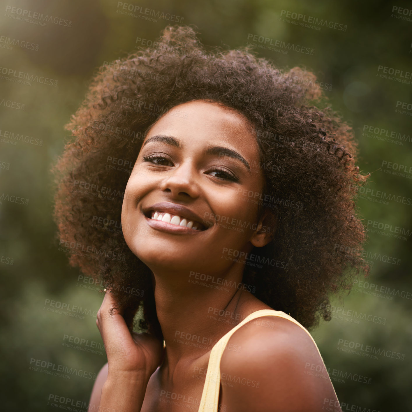 Buy stock photo Happy, smile and portrait of black woman in park for wellness, fresh air and relaxing outdoors. Confidence, joy and face of person in nature, garden and countryside for holiday, vacation and weekend