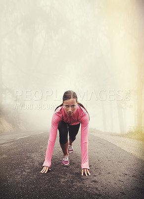 Buy stock photo Runner, start and woman ready outdoor in forest, park or woods for exercise in winter. Morning, fog and person with fitness challenge or training in workout on road in countryside with nature