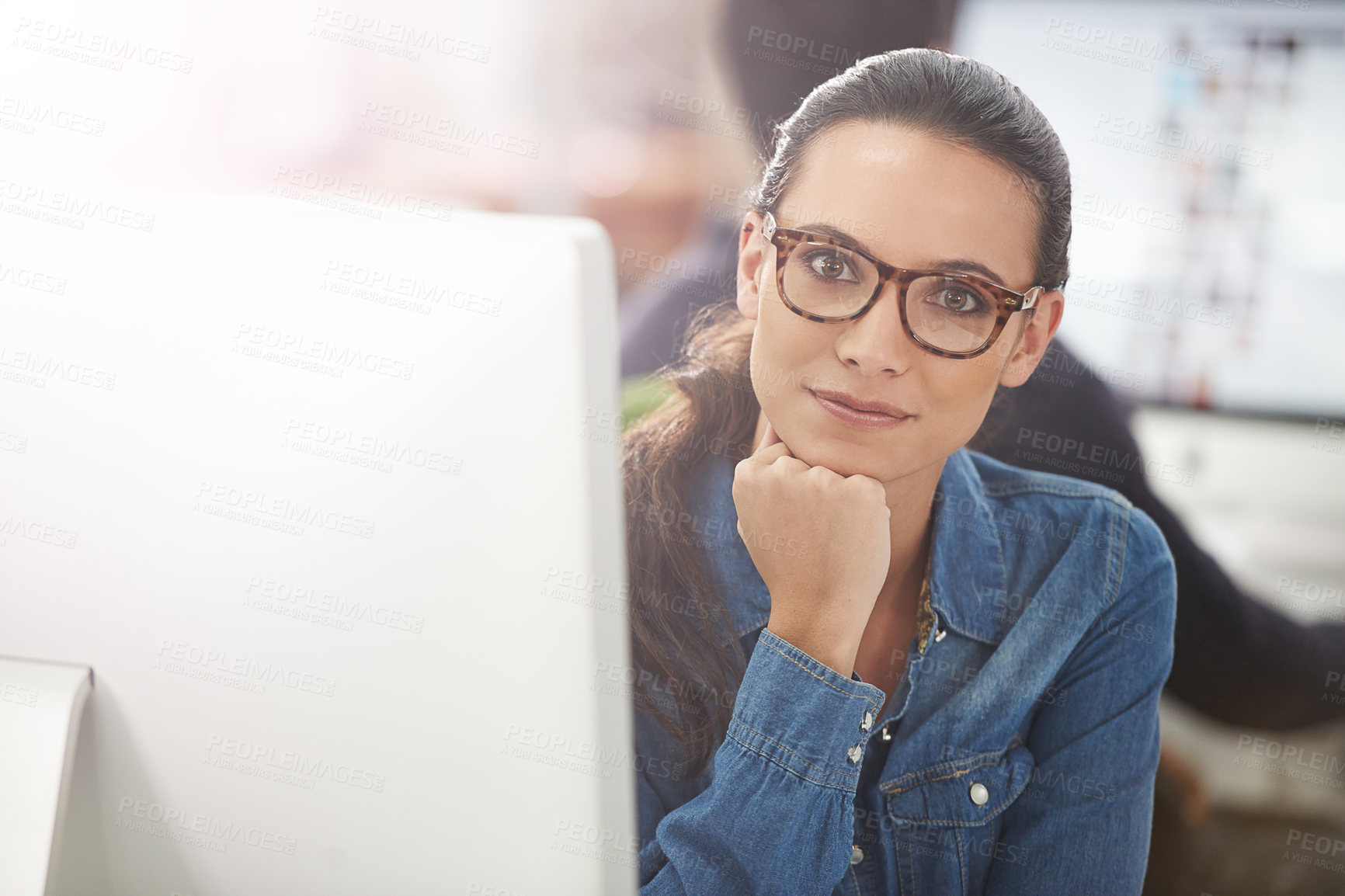 Buy stock photo Woman, computer and office with confidence for startup in business, company and growth as web designer. Portrait, female person and committed with glasses in creative career, work and satisfied
