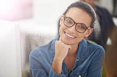 Buy stock photo Woman, office and smile with glasses as employee in business, company and growth as web designer. Portrait, female person and startup in happiness at work for creative career and satisfied.

