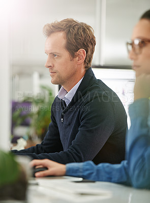 Buy stock photo Man, coworking and office with computer for project in startup business, company and growth as web designer. Employee, pc and confident with creative career and satisfied with research in new job
