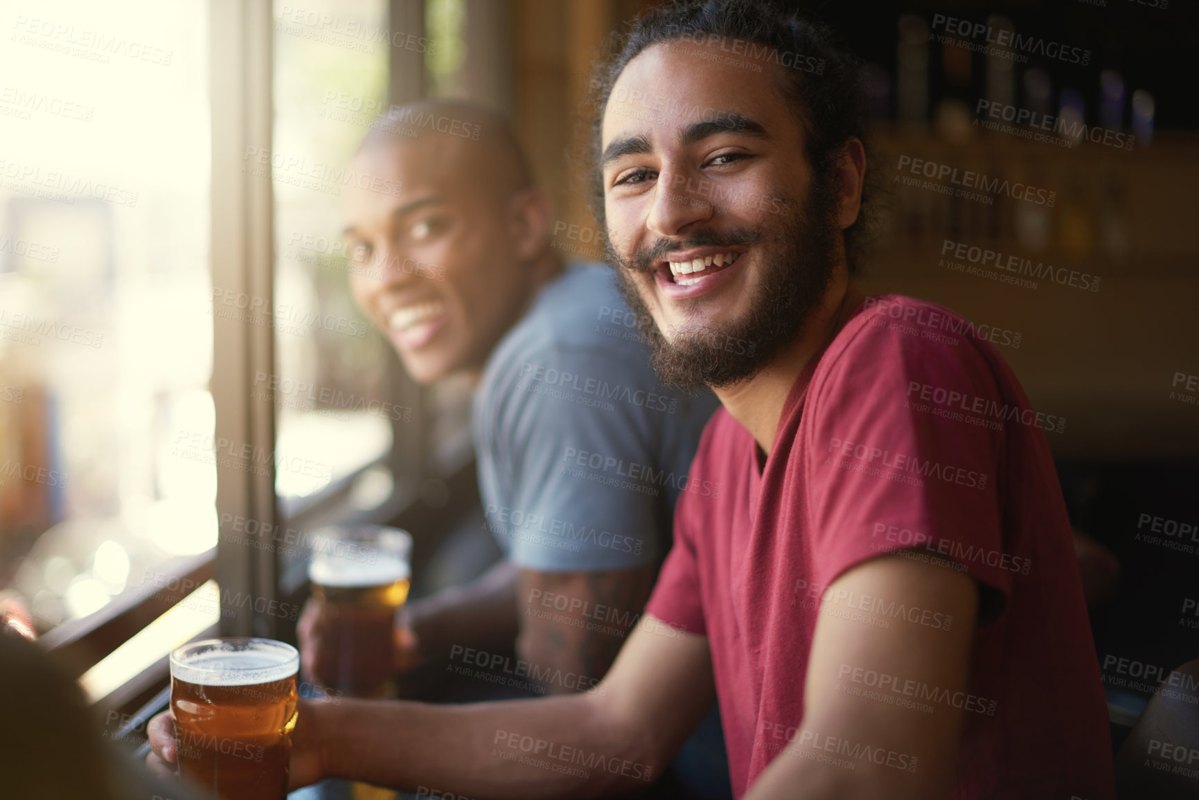 Buy stock photo Male people, beer and chill at pub, smile and relax indoor for fun and bonding in summer to destress. Friends, bar and funny for social, guys and alcohol together and laughing for fun and weekend.