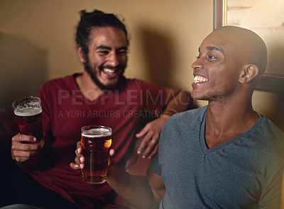 Buy stock photo Friends, beer and pub for funny, smile and relax indoor for fun and bonding in summer to destress. Male people, bar and chill for social, guys and alcohol together and laughing for fun and weekend.