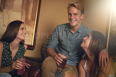 Buy stock photo Portrait, happy friends and drinking beer in pub at party for celebration together at restaurant. Smile, group and people with alcohol, beverage or glass at bar while talking at social gathering
