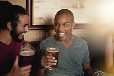 Buy stock photo Talking, happy friends and drinking beer in pub at party, celebration and laughing at funny joke together at club. Smile, diverse group and people with alcohol in glass at bar for social gathering