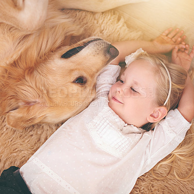 Buy stock photo Top view, dog and girl with happiness, bonding and protection with joy, growth and loving together. Happy female child, pet and kid with a smile, relax and chilling with animal, puppy and development