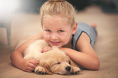 Buy stock photo Girl hug her puppy in portrait, relax at home and happy with sleeping golden retriever and child with smile. Happiness, pet care and love with female kid with her domestic animal lying on wood floor