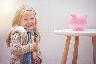Buy stock photo Girl, hammer and piggy bank for savings in portrait, finance and investment for future in home. Female person, child and waiting for profit or wealth, happy and tool to break a money box to spend