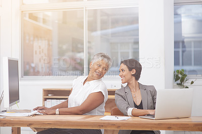 Buy stock photo Shot of two female colleagues working together in the same office