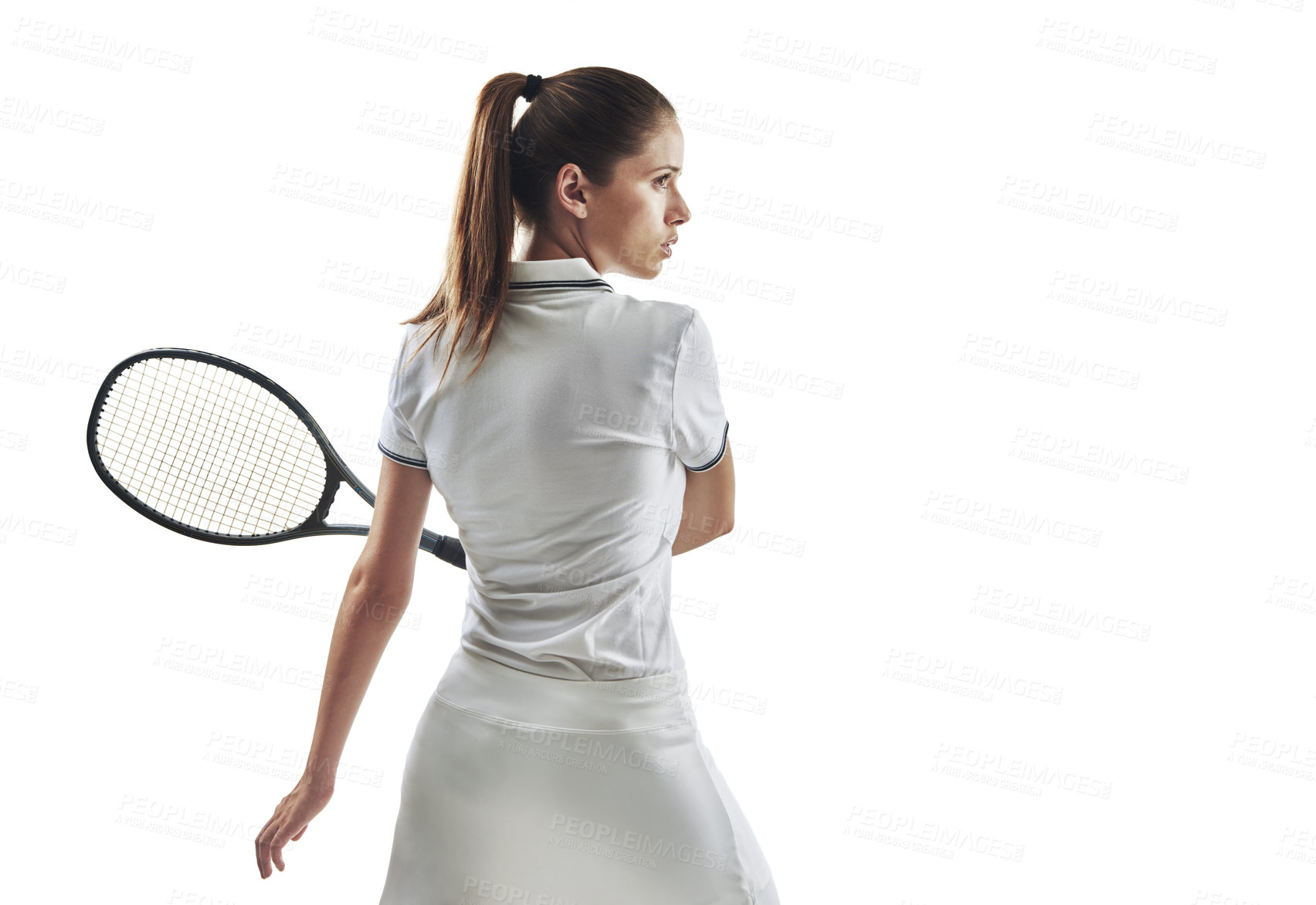 Buy stock photo Studio shot of a female tennis player holding a racket against a white background