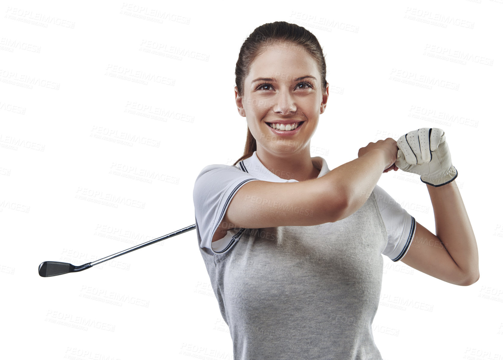 Buy stock photo Studio shot of a young golfer practicing her swing isolated on white