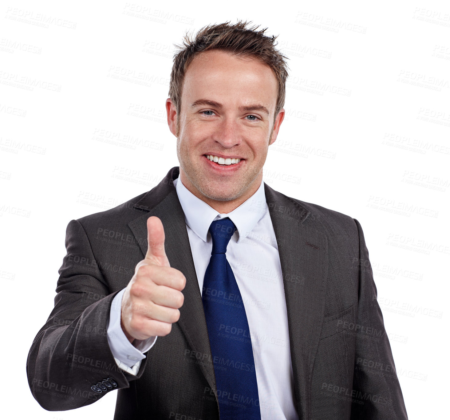 Buy stock photo Cropped portrait of a businessman giving you thumbs up against a white background