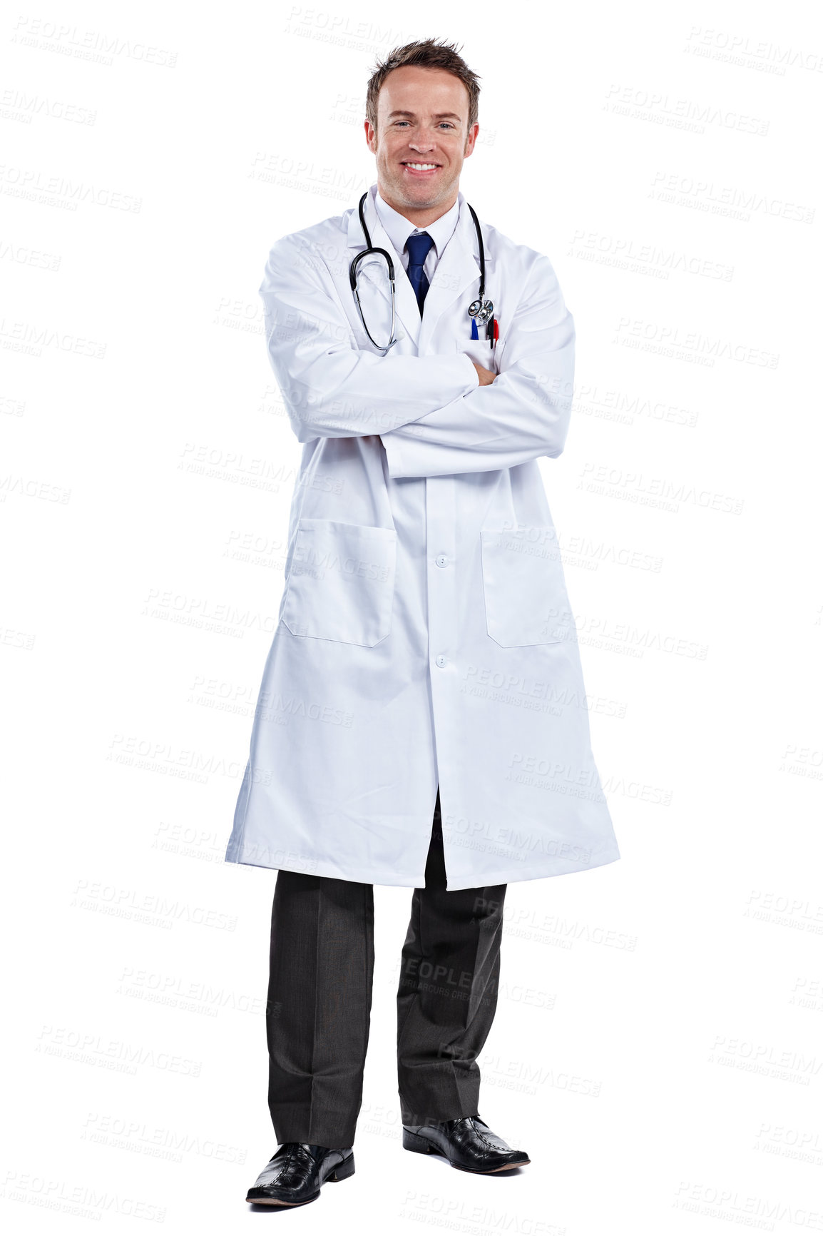 Buy stock photo Full length portrait of a male doctor standing with his arms folded against a white background