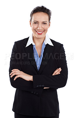 Buy stock photo Cropped portrait of a businesswoman standing with her arms folded against a white background